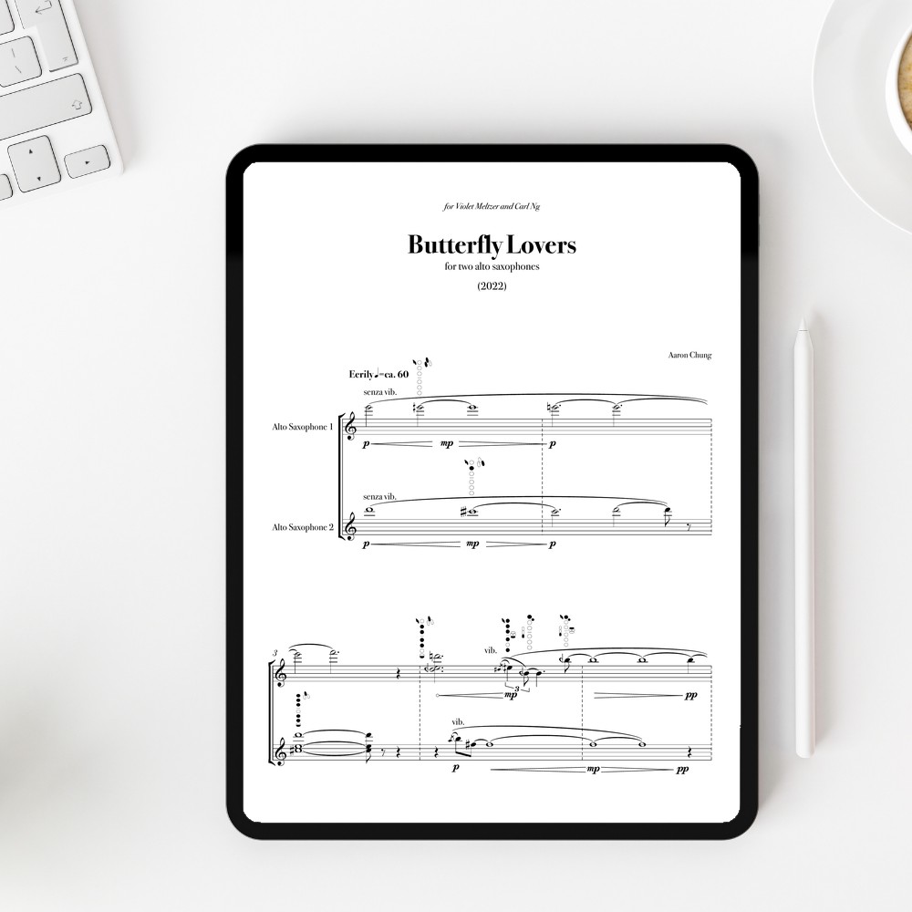 Two pages of the score for Butterfly Lovers on a tablet