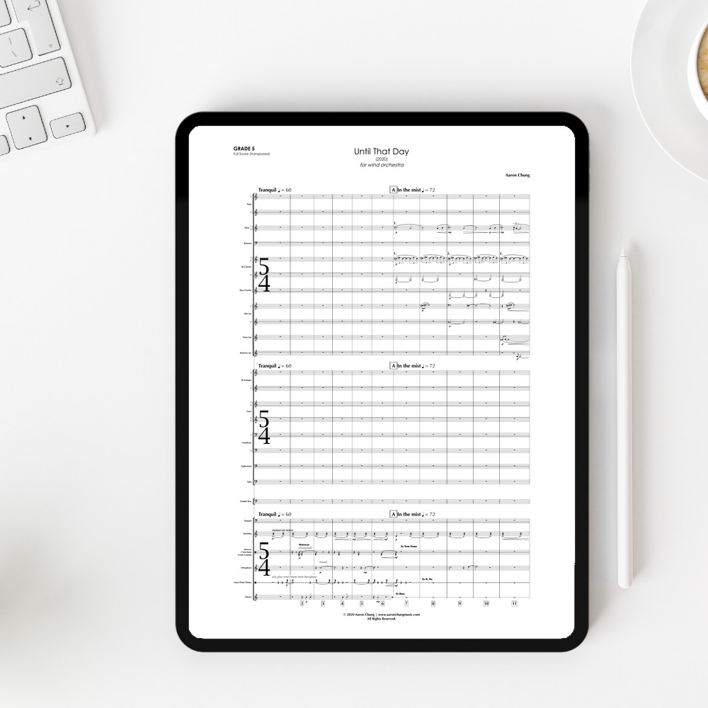 Two pages of the score for Until That Day on a tablet